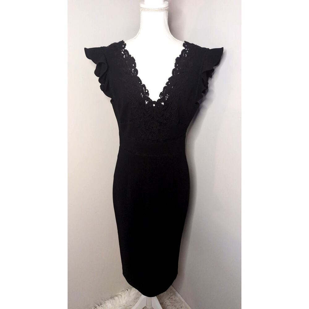 Rebecca Taylor Lace Applique Dress Size 2 Black Ruffle V Neck Midi Cocktail